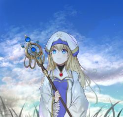 Rule 34 | 1girl, blonde hair, blue dress, blue eyes, blue hat, blue sky, blush, breasts, cloud, cloudy sky, commentary request, day, dot nose, dress, gatchan, gem, goblin slayer!, grass, hat, highres, holding, holding staff, long hair, long sleeves, looking up, outdoors, priestess (goblin slayer!), sky, small breasts, smile, solo, staff, two-tone dress, upper body, white dress, white hat, wide sleeves