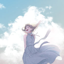 Rule 34 | 1girl, absurdres, arms behind back, bare arms, bare shoulders, blue dress, blue sky, cloud, cloudy sky, collared dress, commentary request, dress, closed eyes, grey hair, happy, highres, long dress, long hair, maeda mic, neck ribbon, open mouth, original, ribbon, sky, sleeveless, sleeveless dress, smile, solo, sundress, teeth, upper teeth only