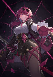 Rule 34 | 1girl, absurdres, black coat, black shorts, breasts, brown pantyhose, coat, coat on shoulders, commentary, cowboy shot, earrings, eyewear on head, facing viewer, gloves, high-waist shorts, highres, holding, holding sword, holding weapon, honkai: star rail, honkai (series), jewelry, kafka (honkai: star rail), katana, large breasts, long sleeves, luc (kor), medium hair, pantyhose, parted lips, purple eyes, purple gloves, purple hair, round eyewear, shirt, shorts, silk, smile, solo, spider web, sunglasses, sword, symbol-only commentary, weapon, white shirt