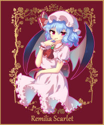 Rule 34 | 1girl, :q, ascot, bat wings, blue hair, character name, closed mouth, cropped legs, flower, frilled skirt, frills, hat, hat ribbon, highres, konnoinari, looking at viewer, mob cap, outline, pink hat, pink outline, pink shirt, pink skirt, red ascot, red background, red eyes, red ribbon, remilia scarlet, ribbon, rose, shirt, short hair, short sleeves, skirt, smile, solo, standing, tongue, tongue out, touhou, wings, wrist cuffs