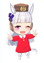 Rule 34 | 1girl, 2-butani, absurdres, animal ears, blush, boots, bow, chibi, dress, ear bow, full body, gold ship (umamusume), grey hair, highres, horse ears, horse girl, horse tail, long hair, long sleeves, one eye closed, open mouth, pillbox hat, purple bow, purple eyes, red dress, smile, solo, tail, thighhighs, umamusume, umamusume: peace peace cepea cepea golshi-chan, white background, white footwear, white thighhighs