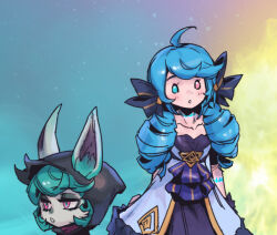 Rule 34 | 2girls, ahoge, black bow, black dress, black gloves, black hood, bow, breasts, collarbone, dress, drill hair, frilled dress, frills, gloves, gradient background, green background, green hair, grey dress, gwen (league of legends), hair bow, heterochromia, hood, hood up, hoodie, league of legends, long hair, multiple girls, parted lips, phantom ix row, pink eyes, pointy ears, small breasts, teeth, twin drills, twintails, vex (league of legends), yellow background, yordle