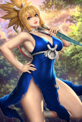 Rule 34 | 1girl, armpits, bare arms, bare legs, blonde hair, blue dress, blue eyes, breasts, cleavage, cowboy shot, dr. stone, dress, green eyes, highres, holding, holding knife, knife, kohaku (dr. stone), lips, medium breasts, multicolored eyes, neoartcore, outdoors, parted lips, pelvic curtain, side slit, solo, tree