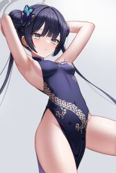 Rule 34 | 1girl, armpits, arms up, black dress, black hair, blue archive, blunt bangs, blush, breasts, butterfly hair ornament, china dress, chinese clothes, closed mouth, commentary request, double bun, dragon print, dress, grey eyes, hair bun, hair ornament, halo, highres, kisaki (blue archive), long hair, melreon, no panties, partial commentary, pelvic curtain, presenting armpit, print dress, simple background, sleeveless, sleeveless dress, small breasts, solo, thighs, twintails, white background