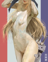 Rule 34 | 10s, 1girl, absurdres, adjusting hair, armpits, arms up, blonde hair, breasts, groin, hair ribbon, hairband, head out of frame, highres, impressionism, kantai collection, kc (kccorporation), kevin chandra, lips, lipstick, long hair, makeup, navel, nipples, nude, realistic, red lips, rensouhou-chan, ribbon, shimakaze (kancolle), small breasts, solo, standing, striped, striped background, vertical stripes, very long hair