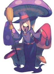 Rule 34 | 10s, 1girl, belt, bottle, broom, commentary, dress, fly agaric, full body, giant mushroom, hair over one eye, half-closed eyes, hat, little witch academia, long dress, long hair, mushroom, peroncho, robe, simple background, standing, sucy manbavaran, white background, witch, witch hat