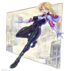 Rule 34 | 1girl, \n/, animification, blonde hair, blue eyes, bodysuit, city, covered navel, floating hair, gloves, gwen stacy, highres, looking down, marvel, oomasa teikoku, open hand, short hair, skin tight, smile, solo, spider-gwen, spider-man (series), superhero costume, white gloves, white hood
