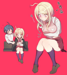 Rule 34 | !, 1boy, 1girl, ahoge, akamatsu kaede, black footwear, black jacket, blonde hair, blush, breasts, closed eyes, closed mouth, collar, collared shirt, commentary request, crossed arms, danganronpa (series), danganronpa v3: killing harmony, embarrassed, fortissimo, full body, grey hair, hair ornament, holding, invisible chair, jacket, kneehighs, long hair, long sleeves, looking down, musical note, musical note hair ornament, necktie, neckwear request, pink background, pink eyes, purple skirt, purple socks, red neckwear, saihara shuichi, school uniform, shirt, sidelocks, simple background, sitting, skirt, sleeves rolled up, socks, solo focus, sweat, sweater vest, translation request, vest, waistcoat, white shirt, zuizi