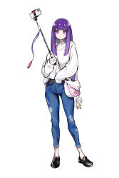 Rule 34 | 1girl, alternate costume, bag, bag charm, belt, black footwear, blunt bangs, breasts, casual, cellphone, charm (object), commentary request, contrapposto, denim, expressionless, fern (sousou no frieren), frieren, full body, handbag, holding, jeans, large breasts, long hair, long sleeves, looking at viewer, mo0o0rae, pants, phone, purple eyes, purple hair, selfie stick, shirt, shoes, simple background, smartphone, solo, sousou no frieren, standing, sweater, torn clothes, torn jeans, torn pants, white background, white sweater