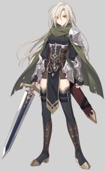 Rule 34 | 1girl, armor, belt, breasts, cape, commentary request, eyes visible through hair, full body, grey background, grey hair, hijiri (resetter), holding, holding sword, holding weapon, long hair, looking at viewer, original, pauldrons, sheath, shoulder armor, simple background, single pauldron, small breasts, solo, standing, sword, thighhighs, torn cape, torn clothes, weapon, yellow eyes