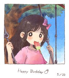 Rule 34 | 1girl, aged down, aubrey (faraway) (omori), aubrey (omori), black eyes, black hair, blue sky, blush, bow, closed mouth, dated, day, food, food in mouth, hair bow, happy birthday, long hair, looking at viewer, omori, outdoors, pink bow, pink shirt, popsicle, popsicle in mouth, shirt, short sleeves, sky, solo, sun iiinu, swing, swing set, tree