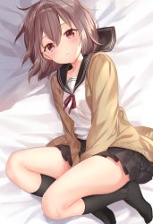 Rule 34 | 1girl, absurdres, bed sheet, between legs, black sailor collar, black skirt, black socks, blush, brown cardigan, brown hair, cardigan, closed mouth, commentary request, from above, frown, hair between eyes, hand between legs, highres, jimmy madomagi, kneehighs, long sleeves, looking at viewer, lying, miniskirt, on bed, on side, open cardigan, open clothes, original, pleated skirt, red eyes, red ribbon, ribbon, sailor collar, school uniform, serafuku, shirt, short hair, skirt, socks, solo, thighs, white shirt