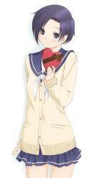 Rule 34 | 1girl, blush, cardigan, kobayakawa rinko, kuuyuu, love plus, school uniform, serafuku, short hair, simple background, solo, valentine