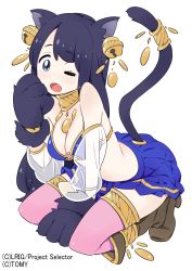 Rule 34 | 10s, 1girl, animal ears, animal hands, bare shoulders, bell, black hair, blue eyes, boots, breasts, cat ears, cat paws, cat tail, character request, cleavage, copyright name, detached sleeves, fang, full body, hair bell, hair ornament, long hair, one eye closed, open mouth, pepo (pepopepo), see-through, skirt, solo, tail, thighhighs, white background, wink, wixoss