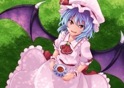 Rule 34 | 1girl, ascot, ashiroku (miracle hinacle), bat wings, blue hair, brooch, commentary, cup, dappled sunlight, day, fangs, from above, grass, hat, hat ribbon, holding, holding saucer, jewelry, looking at viewer, looking up, mob cap, on grass, open mouth, outdoors, pink hat, pink shirt, pink skirt, puffy short sleeves, puffy sleeves, red ascot, red eyes, remilia scarlet, ribbon, saucer, shade, shirt, short hair, short sleeves, skirt, slit pupils, solo, standing, sunlight, teacup, touhou, wings, wrist cuffs