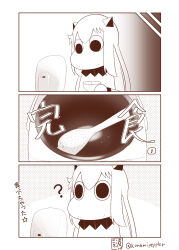 Rule 34 | 1girl, ?, bowl, collar, comic, commentary request, empty, food, food on face, hair between eyes, highres, holding, holding bowl, horns, kantai collection, long hair, mittens, monochrome, o o, rice, rice cooker, rice on face, sazanami konami, shamoji, sidelocks, solo, star (symbol), translation request, twitter username, wide-eyed