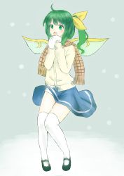 Rule 34 | 1girl, :o, absurdres, daiyousei, fairy, fairy wings, green eyes, green hair, hair ribbon, highres, mary janes, matching hair/eyes, nagata nagato, panties, pigeon-toed, ribbon, scarf, shoes, side ponytail, skirt, snow, solo, sweater, thighhighs, touhou, underwear, white panties, white thighhighs, wind, wind lift, wings, zettai ryouiki