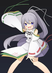 Rule 34 | 1girl, :d, bare shoulders, black background, blue eyes, blue pupils, commentary, detached sleeves, feet out of frame, hekkmushi, highres, japanese clothes, kariginu, long hair, long sleeves, looking at viewer, mononobe no futo, no headwear, open mouth, pom pom (clothes), ponytail, ribbon-trimmed sleeves, ribbon trim, simple background, smile, solo, touhou, very long hair, wide sleeves