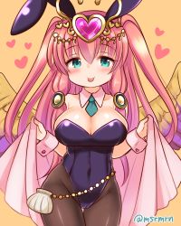 Rule 34 | 1girl, :p, angel wings, animal ears, bad id, bad pixiv id, black pantyhose, blush, breasts, cameltoe, circlet, cleavage, fake animal ears, green eyes, hair ornament, heart, large breasts, leotard, mashiro miru, navel, pantyhose, pink hair, playboy bunny, puzzle &amp; dragons, rabbit ears, seashell, shell, solo, tight clothes, tongue, tongue out, twitter username, two side up, venus (p&amp;d), wings, wrist cuffs