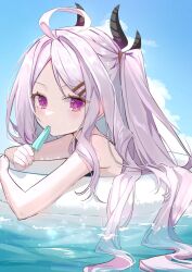 Rule 34 | 1girl, afloat, ahoge, bare arms, bare shoulders, bikini, blue archive, blue sky, blush, cloud, cloudy sky, day, demon horns, food, hair ornament, hairclip, highres, hina (blue archive), hina (swimsuit) (blue archive), holding, holding food, horns, innertube, long hair, looking at viewer, luna (luna610), lying, ocean, on stomach, one-piece swimsuit, one side up, outdoors, parted bangs, partially submerged, popsicle, purple eyes, sidelocks, sky, solo, swim ring, swimsuit, water, white hair