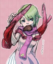 Rule 34 | 1girl, blue eyes, breasts, breath of fire, breath of fire v, candy, chocolate, chocolate heart, dress, food, green hair, hair ornament, hairclip, heart, highres, looking at viewer, medium breasts, minagi gogatsu, nina (breath of fire v), red wings, scarf, short hair, smile, solo, valentine, wings
