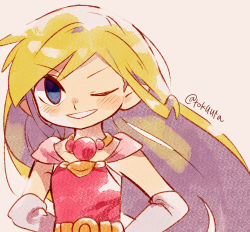 Rule 34 | 1girl, artist name, belt, blonde hair, blue eyes, blush, commentary request, dress, floating hair, full body, gloves, grey gloves, hair ornament, highres, holding, jewelry, long hair, multicolored hair, necklace, nintendo, one eye closed, pink dress, pointy ears, princess zelda, simple background, skirt, smile, solo, the legend of zelda, the legend of zelda: spirit tracks, the legend of zelda: the wind waker, tokuura, toon zelda