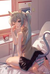 Rule 34 | 1girl, absurdly long hair, animal ears, anniversary, aqua eyes, aqua hair, artist name, artist request, bare legs, bare shoulders, barefoot, bed, black skirt, blue eyes, blue hair, blue nail polish, blue nails, blue panties, cat ears, cat tail, clenched hand, clock, collared shirt, feet, female focus, grey shirt, hatsune miku, highres, indoors, long hair, looking at viewer, looking back, mayalice1102, mayel, nail polish, one eye closed, panties, shirt, skirt, solo, sticky note, striped clothes, striped panties, tail, twintails, underwear, very long hair, vocaloid, window