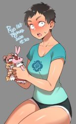 Rule 34 | 1girl, 2020, agawa ryou, black hair, blush, breasts, collarbone, commentary, dated, embarrassed, grey background, looking at viewer, medium breasts, original, short hair, short shorts, shorts, simple background, solo, stuffed animal, stuffed toy, surprised, sweatdrop, thighs, tomboy