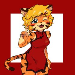 Rule 34 | 1girl, artist request, blonde hair, borrowed character, chinese clothes, fu-chan, furry, green eyes, original, short hair, tiger