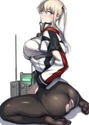 Rule 34 | 1girl, anchor, ass, ayakumo, bad id, bad twitter id, blonde hair, blue eyes, breasts, capelet, gloves, graf zeppelin (kancolle), hair between eyes, hat, jacket, kantai collection, large breasts, looking back, pantyhose, peaked cap, radio, radio antenna, sitting, skirt, solo, torn clothes, torn pantyhose, twintails, uniform, wariza