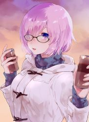 Rule 34 | 1girl, :d, alternate costume, black-framed eyewear, blurry, blush, can, commentary request, depth of field, fate/grand order, fate (series), fingernails, glasses, hair over one eye, holding, holding can, hood, hood down, hooded jacket, jacket, kanaicooo, long sleeves, looking at viewer, mash kyrielight, one eye covered, open mouth, outdoors, pov, pov dating, purple eyes, purple hair, short hair, sky, smile, solo, sweater, turtleneck, turtleneck sweater, twilight, upper body, white jacket, winter clothes