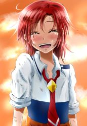 Rule 34 | 10s, 1girl, dirt, closed eyes, hair down, hair ornament, hairclip, hino akane (smile precure!), necktie, open mouth, precure, red hair, school uniform, shogo (4274732), sleeves rolled up, smile, smile precure!, solo, tears, twilight