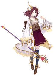Rule 34 | 1girl, atelier (series), atelier lydie &amp; suelle, atelier sophie, brown eyes, coat, corset, dress, full body, headdress, highres, holding, holding staff, long sleeves, looking at viewer, open clothes, open coat, red hair, short hair, sleeve cuffs, sleeves past wrists, smile, solo, sophie neuenmuller, staff, thighhighs, turtleneck, wide sleeves, yuugen