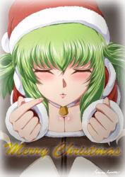 Rule 34 | 1girl, artist name, bell, breasts, c.c., choker, cleavage, closed eyes, code geass, commentary request, english text, fur trim, green hair, hair between eyes, hat, highres, jingle bell, kaname aomame, leaning forward, long hair, pom pom (clothes), pursed lips, santa costume, santa hat, solo