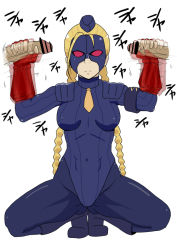 Rule 34 | 1girl, afterimage, antenna hair, bar censor, blonde hair, boots, braid, breasts, capcom, censored, dangorou (yushi-art), decapre, disembodied penis, double handjob, fingerless gloves, garrison cap, gloved handjob, gloves, group sex, handjob, hat, leotard, long hair, mask, mmf threesome, motion blur, multiple penises, necktie, pantyhose, penis, red eyes, ribbed leotard, shoulder pads, small breasts, solo, solo focus, spread legs, squatting, street fighter, threesome, turtleneck, twin braids