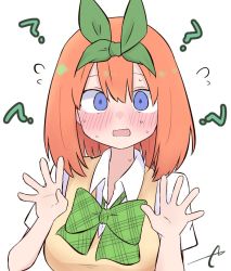 Rule 34 | 1girl, ?, blue eyes, blush, bow, breasts, collared shirt, commentary request, eyebrows hidden by hair, flying sweatdrops, go-toubun no hanayome, green bow, green ribbon, hair between eyes, hair ribbon, hands up, kujou karasuma, looking at viewer, medium breasts, nakano yotsuba, open mouth, orange hair, ribbon, shirt, short sleeves, signature, simple background, solo, sweat, sweater vest, upper body, wavy hair, white background, white shirt