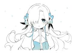 Rule 34 | 1girl, absurdres, blue eyes, blue flower, blush, closed mouth, floral background, flower, hair flower, hair ornament, hair over one eye, highres, isekai joucho, kamitsubaki studio, long hair, looking at viewer, monochrome, parted bangs, puffy sleeves, shirt, signature, simple background, sofra, solo, twitter username, upper body, very long hair, virtual youtuber, white background