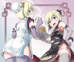 Rule 34 | 2girls, bad id, bad twitter id, black legwear, blonde hair, blue eyes, blush, china dress, chinese clothes, double bun, dress, eating, elbow gloves, erica hartmann, food, glasses, gloves, hair bun, hi-ho-, japanese clothes, looking at viewer, multiple girls, panties, purple legwear, side-tie panties, strike witches, strike witches: suomus misfits squadron, thighhighs, tray, underwear, ursula hartmann, waitress, white panties, world witches series