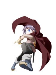 Rule 34 | 1boy, belt, black belt, black pants, blue eyes, blue footwear, bmp-to-png conversion, boots, brown shirt, brown tunic, cape, frfr, full body, game cg, gloves, holding, holding sword, holding weapon, long sleeves, looking up, luka (mon-musu quest!), mon-musu quest!, non-web source, pants, purple hair, red cape, scabbard, sheath, shirt, short hair, simple background, solo, sword, transparent background, weapon, white gloves