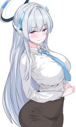 Rule 34 | 1girl, absurdres, blue archive, blue necktie, breasts, brown skirt, closed mouth, collared shirt, grey hair, halo, highres, large breasts, long hair, long sleeves, looking at viewer, mechanical halo, metsu end, necktie, noa (blue archive), shirt, simple background, skirt, smile, solo, very long hair, white background