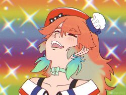 Rule 34 | 1girl, aqua choker, beret, bishie sparkle, chef hat, closed eyes, collarbone, crmanzana, earrings, fabulous secret powers (meme), feather earrings, feathers, gradient hair, hat, highres, hololive, hololive english, jewelry, long hair, meme, multicolored hair, multiple hats, open mouth, orange hair, rainbow background, sparkle background, takanashi kiara, takanashi kiara (1st costume), teeth, upper teeth only, virtual youtuber