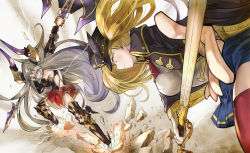 Rule 34 | 2girls, axe, blonde hair, boots, breasts, crack, cracked floor, duel, granblue fantasy, grey hair, grin, hat, hat feather, highres, horns, large breasts, long hair, monika weisswind, multiple girls, smile, sword, thigh boots, thighhighs, threo (granblue fantasy), weapon