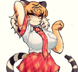 Rule 34 | 1girl, animal ears, animal print, arm up, arms behind head, black hair, blonde hair, breast pocket, breasts, collared shirt, colored inner hair, elbow gloves, fang, fang out, gloves, hand up, kama astor, kemono friends, large breasts, long hair, looking at viewer, multicolored hair, necktie, orange hair, paw pose, plaid, plaid necktie, plaid skirt, plaid sleeves, plaid trim, pocket, print gloves, shirt, simple background, skirt, smile, solo, streaked hair, tail, tiger (kemono friends), tiger ears, tiger girl, tiger print, tiger tail, upper body, white background, white shirt, wing collar, yellow eyes
