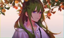 Rule 34 | 1boy, androgynous, character name, enkidu (fate), fate/grand order, fate (series), food, fruit, green hair, highres, jesse (pixiv34586727), kingu (fate), long hair, looking at viewer, male focus, purple eyes, robe, smile, solo, upper body, very long hair, white robe
