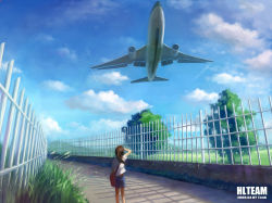 Rule 34 | 1girl, aircraft, airplane, cloud, day, fence, g tong, sky, solo, tree, vehicle focus