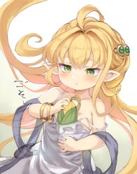 Rule 34 | 1girl, ahoge, bangle, bare arms, bare shoulders, between breasts, blonde hair, bracelet, breasts, corn, dress, granblue fantasy, green eyes, hair intakes, harvin, highres, jewelry, long hair, m-eine, melissabelle, pointy ears, simple background, small breasts, solo, spaghetti strap, strap slip, very long hair, white background, white dress
