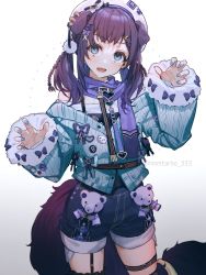 Rule 34 | 1girl, aiba uiha, animal ears, belt, blue eyes, blue nails, claw pose, cowboy shot, dog ears, dog girl, dog tail, ear piercing, extra ears, gradient background, green sweater, hair ornament, hairclip, highres, long hair, long sleeves, looking at viewer, low twintails, mole, mole under eye, morimori chikka, nail polish, nijisanji, off shoulder, open mouth, overall shorts, overalls, piercing, purple hair, scarf, shirt, smile, solo, sweater, tail, thigh strap, twintails, twitter username, virtual youtuber, white shirt