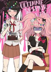 Rule 34 | 2girls, angry, bear hair ornament, birthday, birthday cake, black hair, blonde hair, blood, blue eyes, blush, boots, bow, bowtie, breasts, brown skirt, cake, calf boots, chocolate, chocolate cake, cleavage, collarbone, collared shirt, confetti, crossed arms, crossed legs, danganronpa: trigger happy havoc, danganronpa (series), despair, english text, enoshima junko, food, grey eyes, hair ornament, hand tattoo, holding, holding food, ikusaba mukuro, large breasts, long eyelashes, long hair, looking at viewer, multiple girls, neck ribbon, necktie, on chair, open mouth, pink blood, pointing, pointing at self, red bow, red ribbon, red skirt, ribbon, shirt, siblings, simple background, sisters, sitting, skirt, standing, streamers, tattoo, teeth, twins, twintails, upper teeth only