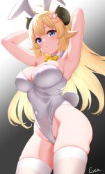 Rule 34 | 1girl, animal ears, arms behind head, blonde hair, bow, bowtie, breasts, curio (curiofinity), detached collar, highres, hololive, horns, large breasts, leotard, long hair, playboy bunny, purple eyes, rabbit ears, rabbit tail, sheep ears, sheep girl, sheep horns, solo, strapless, strapless leotard, tail, thighhighs, tsunomaki watame, virtual youtuber, white leotard, white thighhighs, yellow bow, yellow bowtie