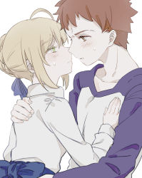 Rule 34 | 1boy, 1girl, ahoge, artoria pendragon (all), artoria pendragon (fate), blonde hair, blue ribbon, blush, brown eyes, brown hair, closed mouth, collarbone, commentary, emiya shirou, face-to-face, fate/stay night, fate (series), from side, green eyes, hair ornament, hair ribbon, hand on another&#039;s back, hand on another&#039;s chest, hug, imminent kiss, long hair, long sleeves, looking at another, looking at viewer, parted lips, ribbon, saber (fate), shirt, suzuakks, upper body, white shirt